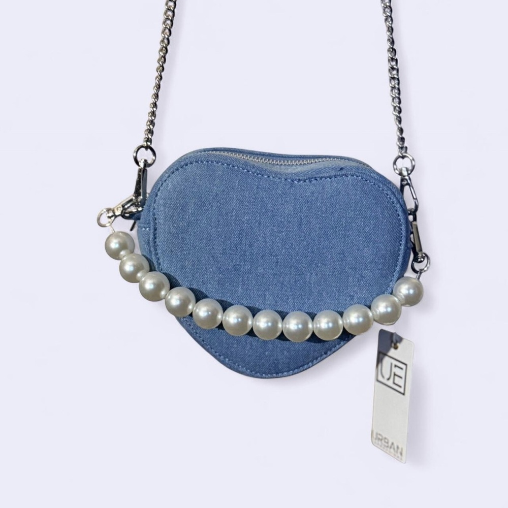 Denim Heart Mini Bag with Pearl Accent